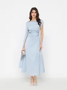 Cider Women's Satin Boat Neck Pleated Asymmetrical-Sleeve Maxi Dress