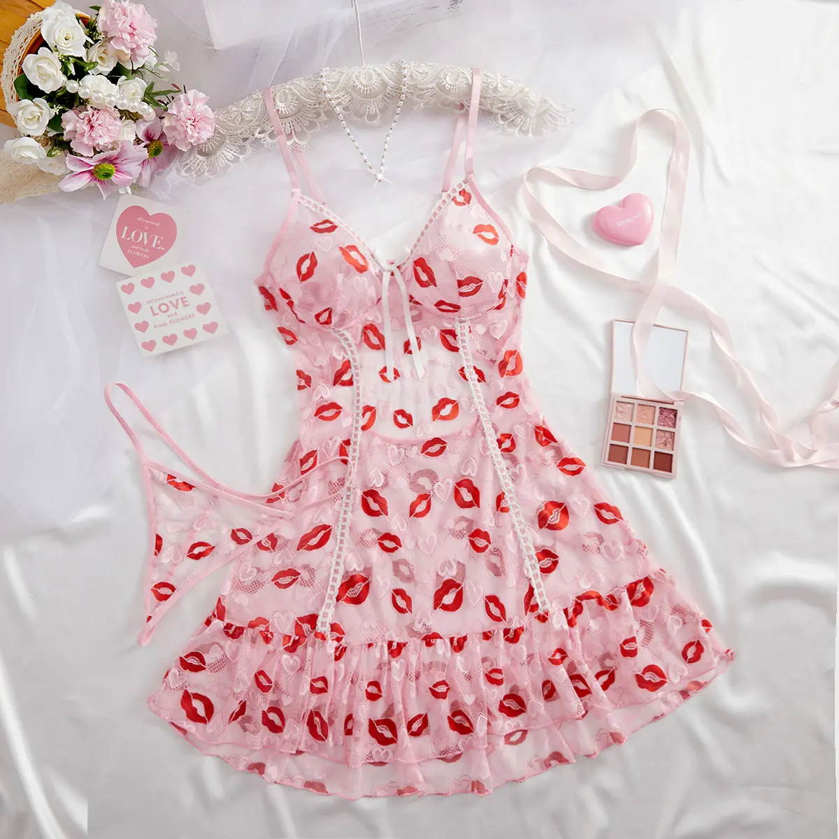 PInk Sexy Women's Lingerie Print Babydoll Nightgown Chemise Underwear Sleepwear With G-string