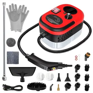 Red Handheld Steam Cleaner - Multifunctional pressurized steam cleaner for kitchens, bathrooms, carpets, and windows. 2500W powerful hot steam with 3 adjustable speeds for powerful cleaning and 20 accessories for chemical-free cleaning   Household