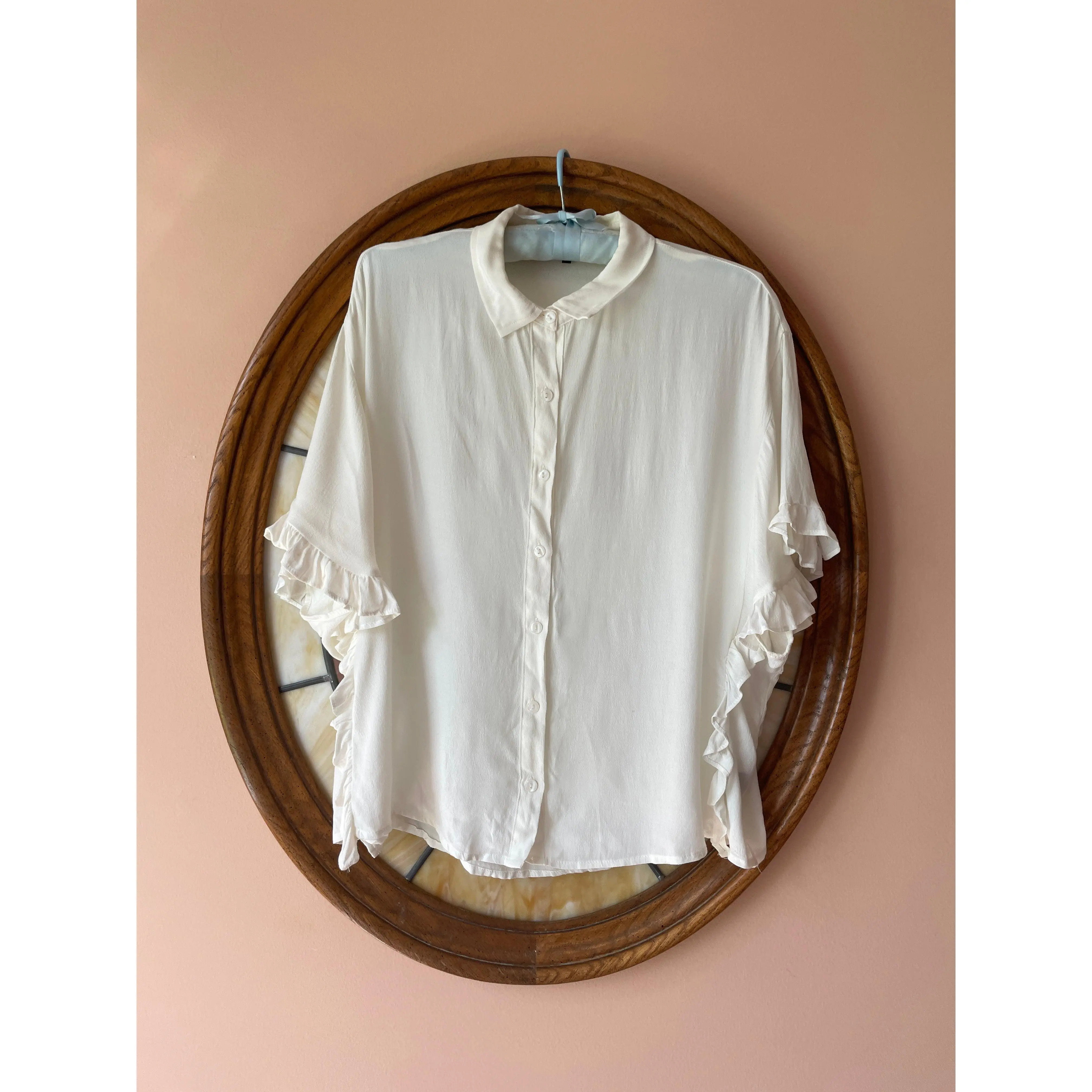2000s Annabelle Rayon Blend White Button Ruffled Loose Fit Blouse Top S