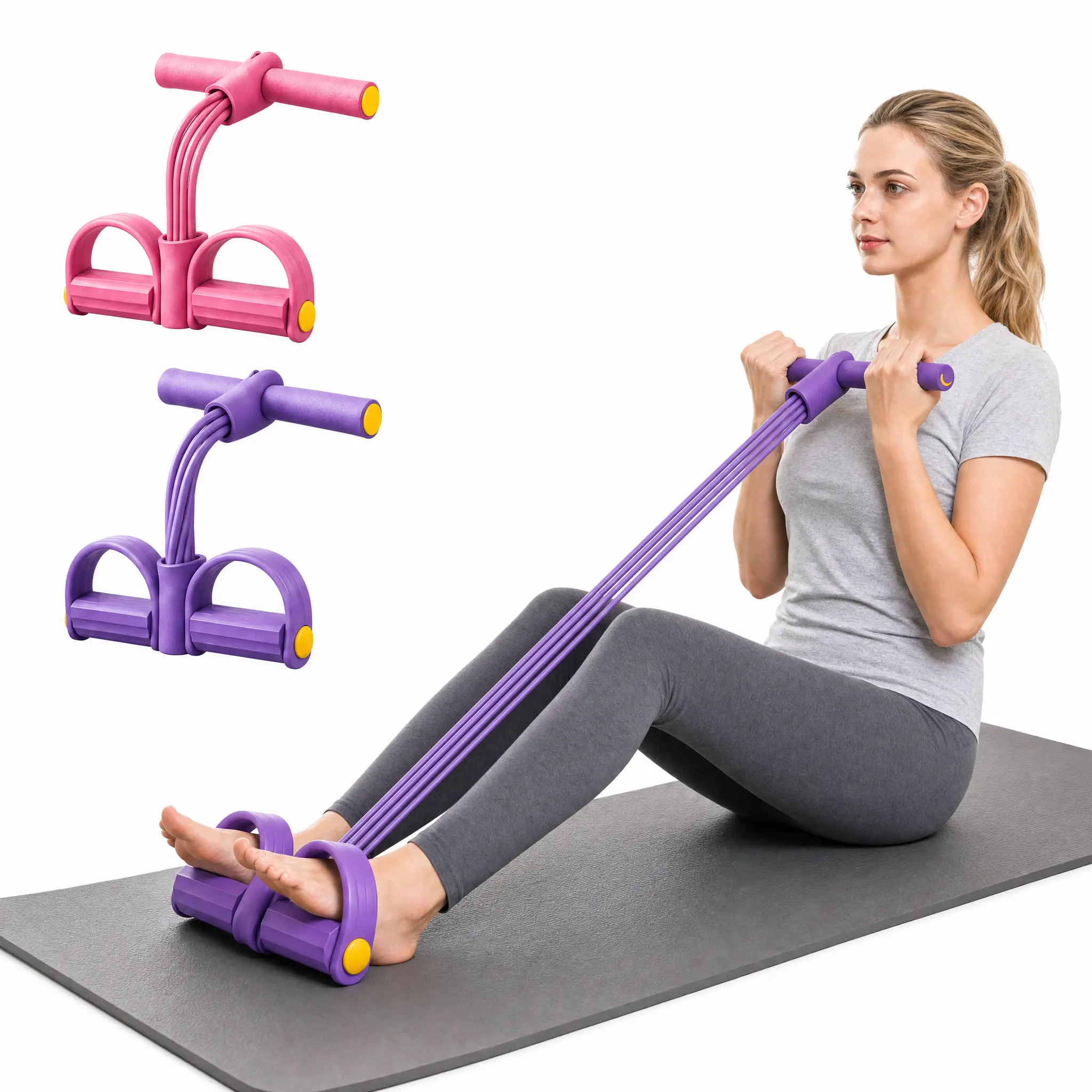 Elastic Sit-Up Pull Rope Workout Bands - 4-Tube or 6-Tube Pedal Resistance Stretching Band Home Workout Gear, Portable Exercise Equipment for Home Gym Core Training