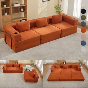QAK 115" Modular Floor Sofa Bed with Two Cup Holders High-Quality Corduroy Fabric Free Combination Design Premium Sponge Padding Multifunctional for Small Spaces Living Room Mattress