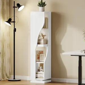 Bookcase Corner Bookshelf, Small 4-Tier Rotating Bookshelf, 360 Display DWVO Bookcase Spinning Tower Narrow Shelf Organizer Storage Showcase Cabinet for Living Room, Study Room, White