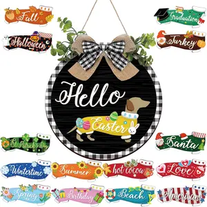 16 Pcs Interchangeable Seasonal Dachshund Welcome Sign Rustic Dog Front Door Wreaths Detachable Holiday Hanging Decor for Spring Easter St Patrick's Day All Seasons Black White Checkered