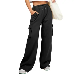 Aleumdr Women High Waisted Drawstring Wide Leg Cargo Pants 2026 Trendy Casual Baggy Joggers Pants with Pockets Wideleg Bottom  Bohemian Street Trousers Womenswear