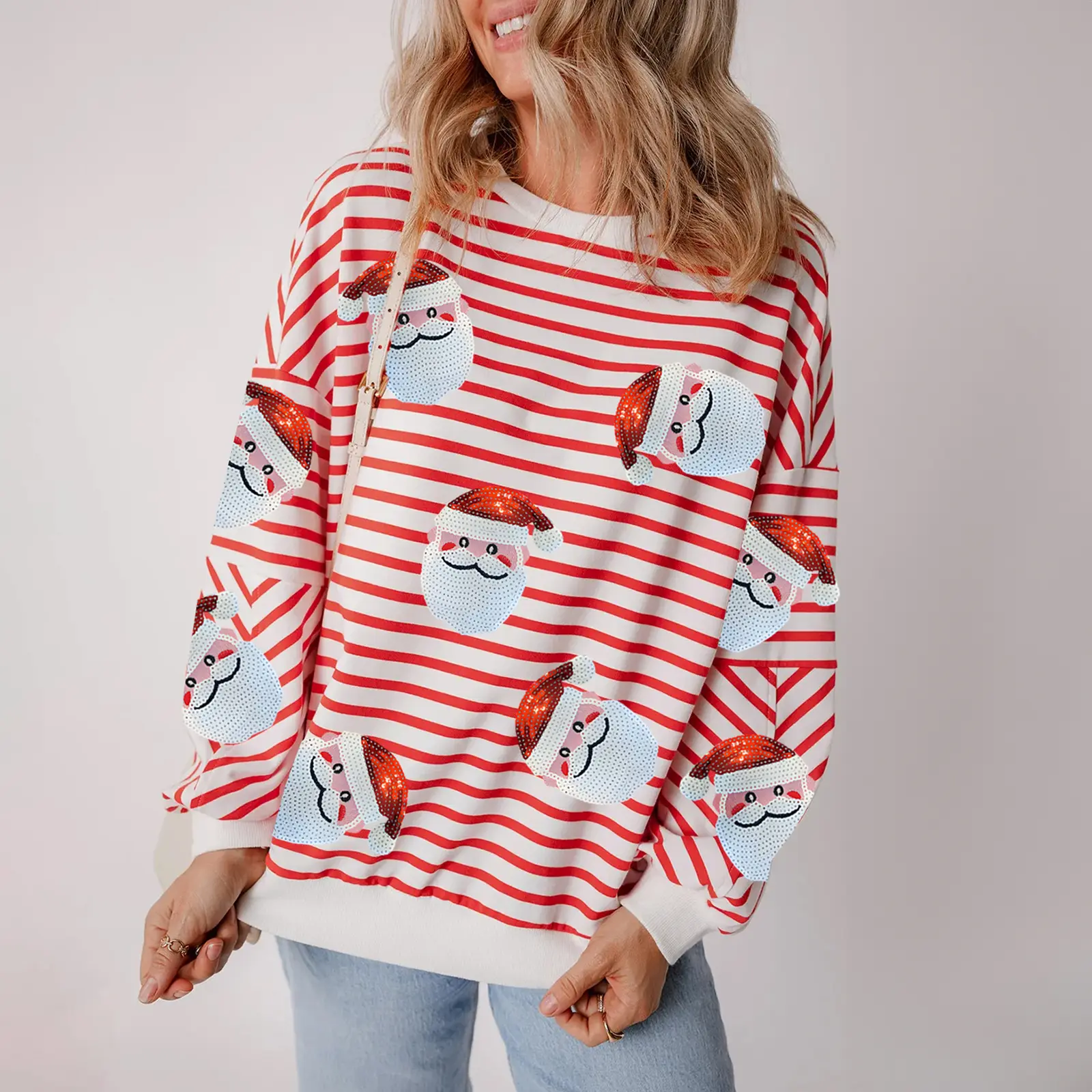 Women's Orange Stripe Sequin Santa Claus Pattern Drop Shoulder Pullover Christmas Holiday Sweatshirt