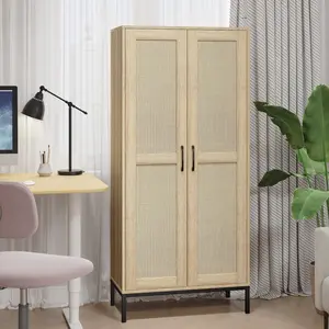 60-inch tall kitchen pantry with 2 rattan doors and 3 adjustable shelves, a freestanding cabinet storage unit, suitable for kitchens, laundry rooms, living rooms and dining rooms