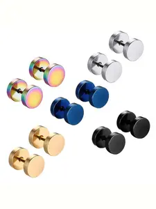 Men's Stainless Steel Barbell Stud Earrings, Punk Style Tunnel Ear Plugs, 5 Pairs, Durable and Stylish Jewelry for Men, Ear Studs, Ear Accessories