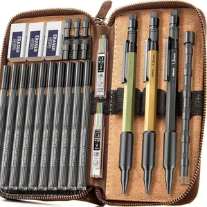 21PCS 1.3 mm Mechanical Pencil Set in Leather Bag with 138 Lead Refill Black & Colors, Erasers- Weatherproof Metal Heavy Duty Carpenter Pencil for Outdoor Drafting Marking Drawing Woodworking