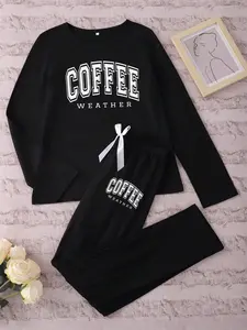 Women's Long Sleeve Coffee Print Sleepwear Set, Loungewear, Casual Fitted Pajamas for Spring & Fall, Comfortable Nightwear for Women, Womenswear