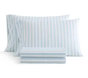 Martha Stewart Leaf Stripe White/Blue Cotton King Sheet Set