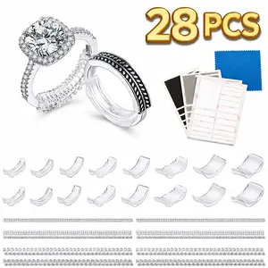 28 PCS Invisible Ring Size Adjuster With Polishing Cloth, Ring Size Reducer for Loose Rings, Adjustable Ring Spacer, Fits Any Ring, Comfortable Non-Slip Solution and Ring Sizer Pack