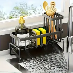 Stainless Steel Kitchen Sink Organizer - Rustproof Sponge Holder Caddy with Dish Towel Bar & Detachable Utensil Chopstick Rack - Space Saving Countertop Storage Drainer for Soap & Scrubber - Modern Aesthetic Kitchen Organization