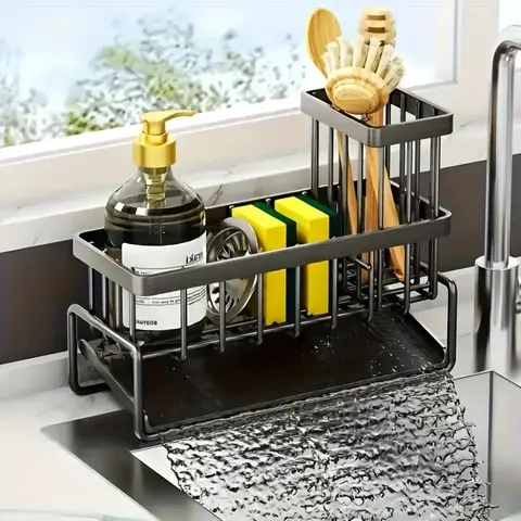 Stainless Steel Kitchen Sink Organizer - Rustproof Sponge Holder Caddy with Dish Towel Bar & Detachable Utensil Chopstick Rack - Space Saving Countertop Storage Drainer for Soap & Scrubber - Modern Aesthetic Kitchen Organization