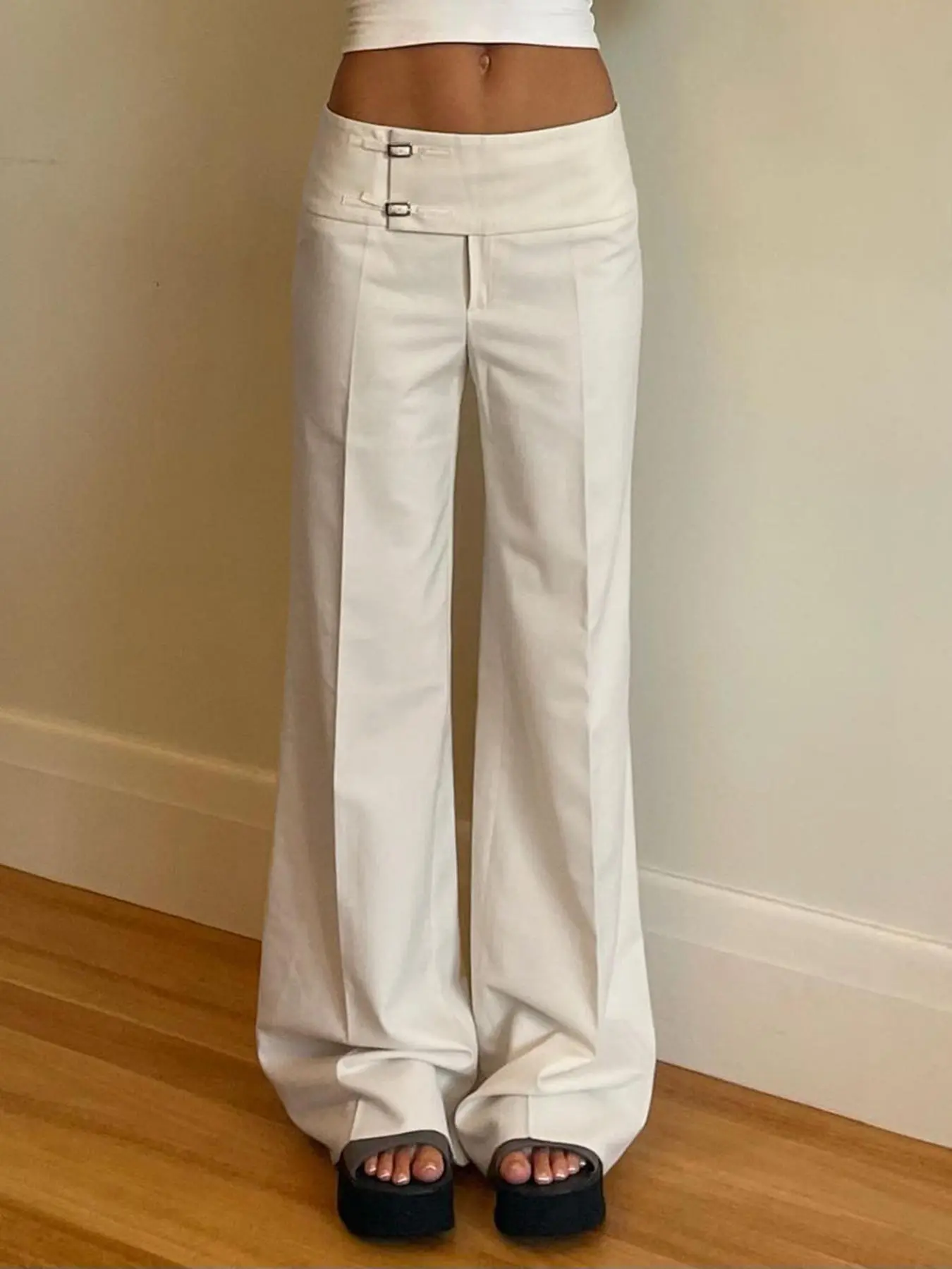 Women's Solid Button Flare Leg Pants, Casual Comfy Trousers for Daily Wear, Ladies Bottoms for Summer, Casual Chic Bottoms, Casual Loose Pants