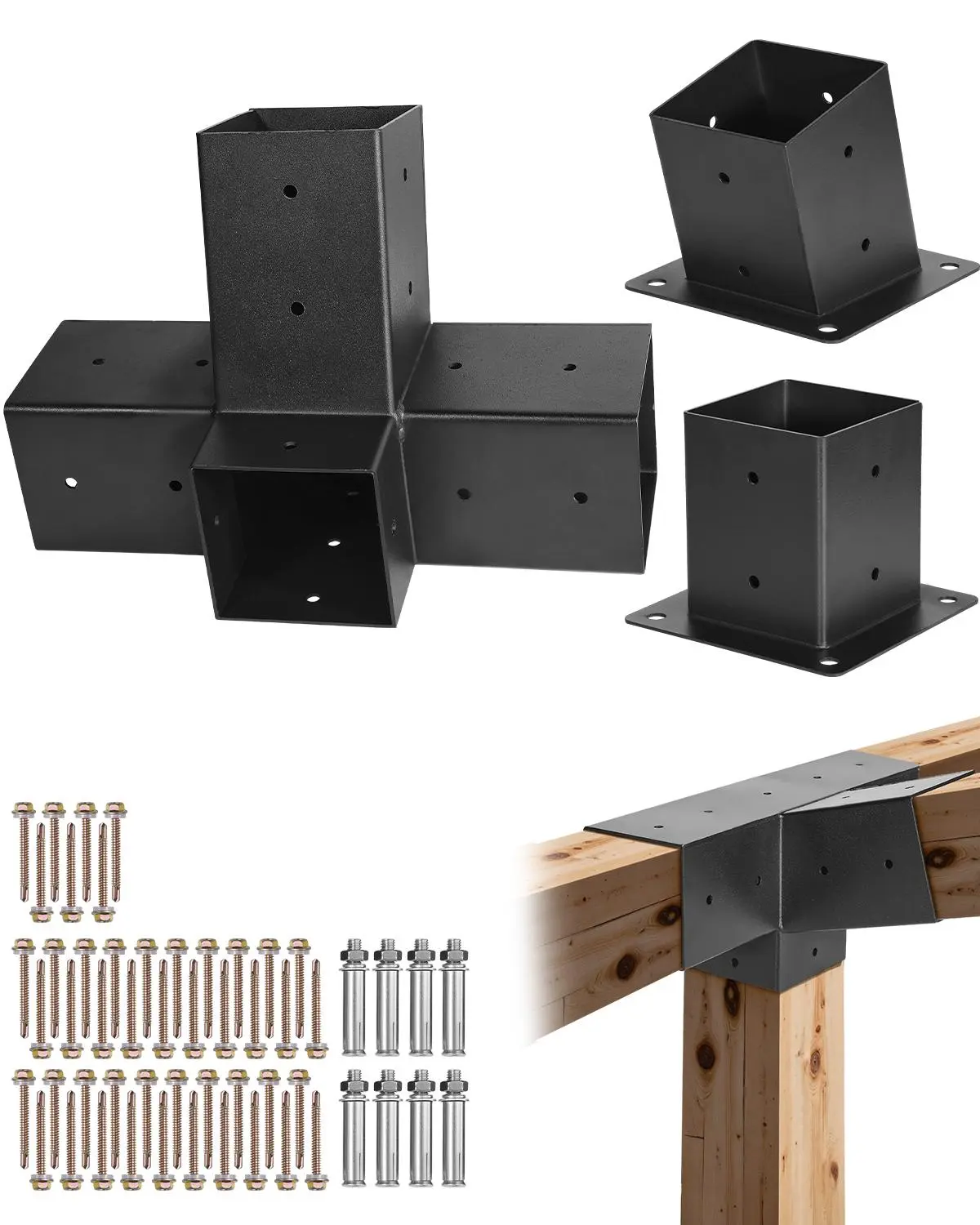 VEVOR Pergola Kit, 4x4 Inch 4-Way Slanted Bracket for 3.5x3.5 Inch Wood Beams in Actual Size, Carbon Steel Pergola Bracket with Post Base and Wall Mount Base, for Outdoor Pergolas, Gazebos, Sheds