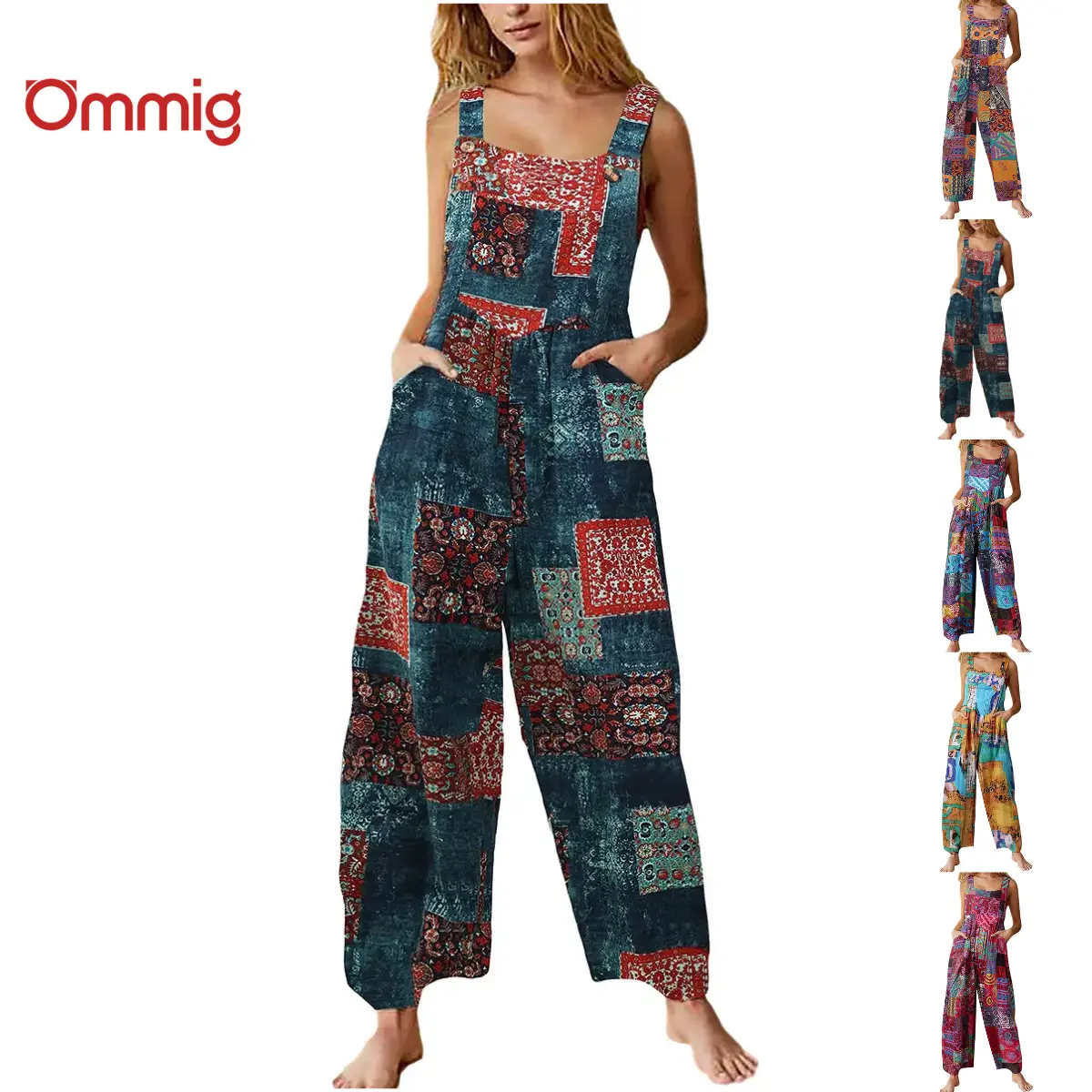 Ommig Women's Boho Patchwork Dual-Pocket Loose Floral Print Wide-Leg Bib Overalls, Casual Bohemian Boho Clothes for Women, Overalls For Women