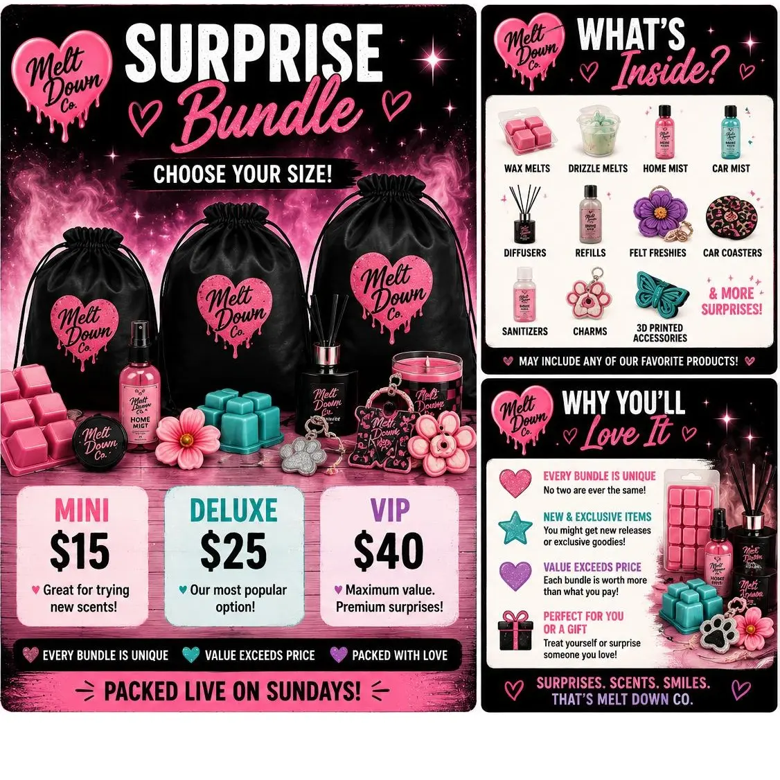 Melt Down Co. Curated Deluxe Scented VIP Mini Wax Melts Surprise Bag - Unique Products, Varying Scents, Office Stationery & Supplies Gift for Gift Lovers, Home/Office Use, Value Exceeds Price