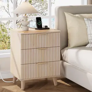 Aowos Fluted Nightstands for Bedroom, Modern Bedside Table with 3 Drawers & Charging Station, Fluted Panel End Tables for Bedroom & Living Room, Bedside Cabinet with USB Ports, Nightstand with Storage, Apartment Nightstand, Kids Bedside Table,