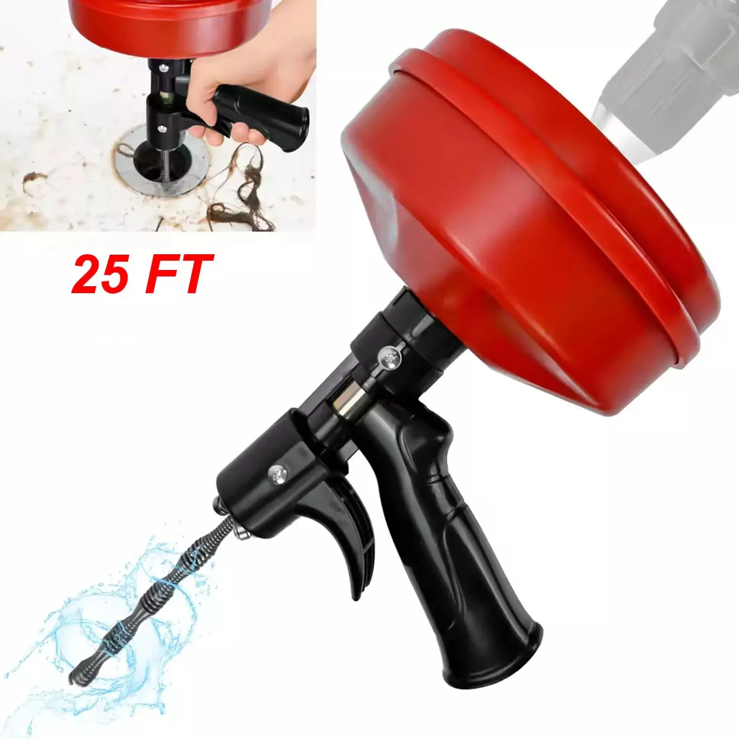 2-in-1 Bathroom Drain Auger Set, 25ft Spiral Steel Head, Flexible Tip, Steel Construction, Durable Cleaning Supplies for Home Users with 2-in-1 Operation to Unclog Sinks, Bathtubs, Floor Drains, Steel Metal