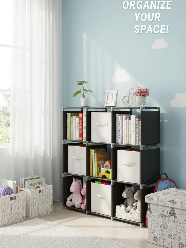 9-Cube 3-Tier Storage Cabinet - Closet Organizer, Living Room Bookcase Shelf Rack