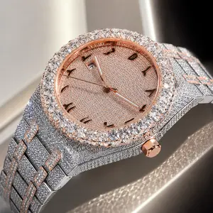 Full Iced quality wrist watch automatic waterproof bling bling diamond style watch round face design with Arabic numerals.