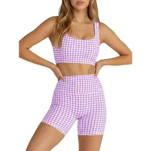 Aoysky Womens Workout Gingham 2 Piece Outfits Padded Open Back Crop Tank High Waist Sports Shorts Sets Yoga Matching Sets
