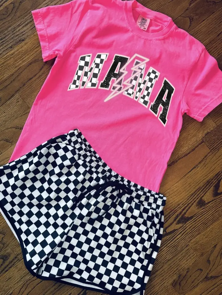 electric neon pink checkered mama casual tee