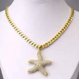 Cuban Link Chain with Starfish Zirconia Pendant – 14K Gold Plated 6mm