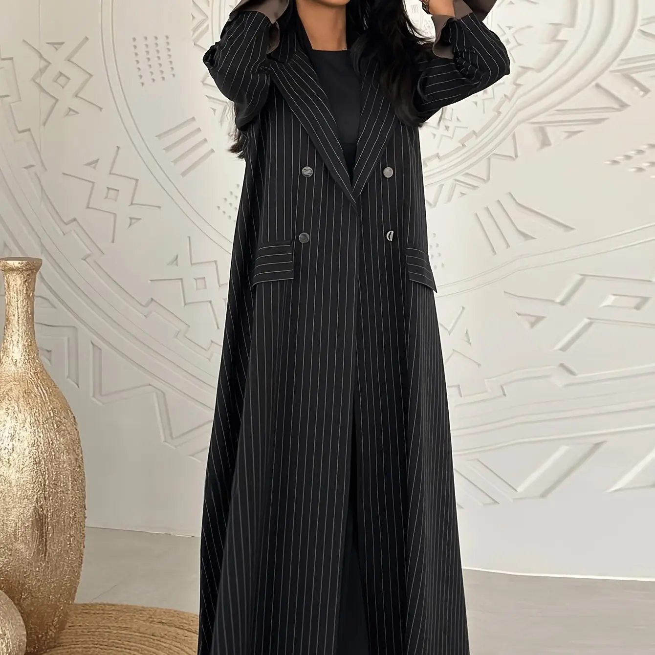 Elegant Striped Abaya Cardigan Dress - Long Commuter Coat with Button Front and Side Slit, Black and White, Women'S Fashion