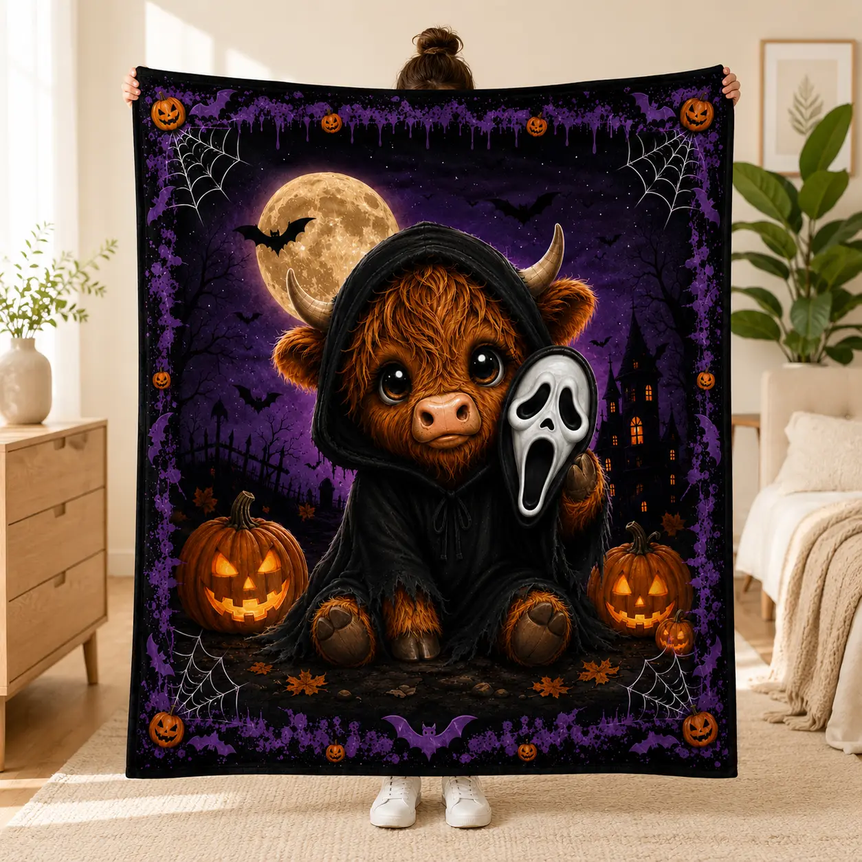 Anti-Pilling Flannel Halloween Theme Throw Blanket - Single-Side Pumpkin Ghost Cow Print, Lightweight, Warm, Soft Cozy for Home, Bed or Couch, Single-Side Print