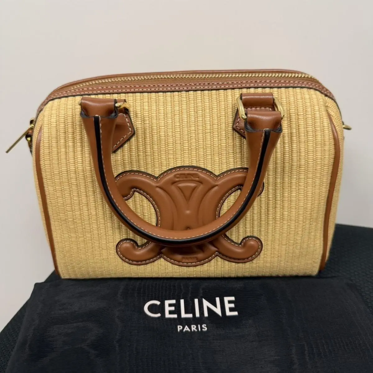 Pre-owned Celine As Shown Shoulder Bags Raffia Triomphe Top Handle Bag Tan 6252793