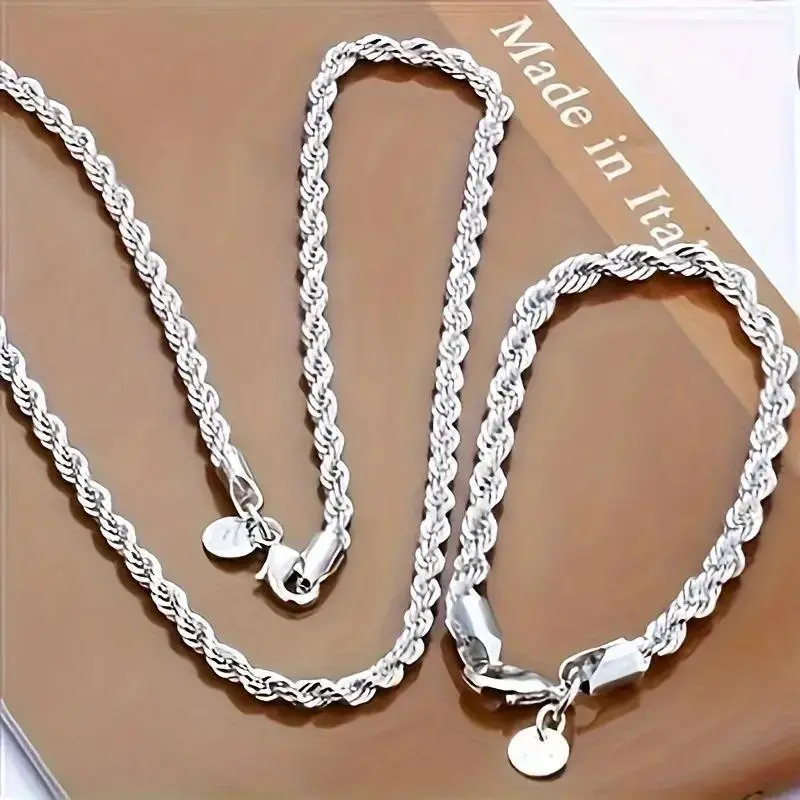 2PCS Twisted Rope Chain Necklace and Bracelet - Simple Hip - Hop Style, Shiny Basic Chain for Women's Elegant Jewelry Accessories, Twisted Rope Design,A must-have gift for Christmas