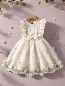Girl's Butterfly Pattern Bow Decor Dress, Cute Round Neck Dress for Summer, Kids Clothes for Daily Wear