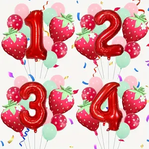 13pcs Strawberry Aluminum Film Balloon Set, Birthday Party Decoration Prop, 32 inch Red Number Balloon, Party Venue Decoration Prop, Birthday Party Decoration, Balloon Garland