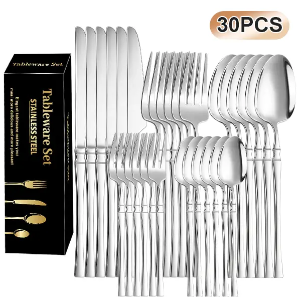 30-Piece Metal Cutlery Utensil Set - Stainless Steel Forks, Spoons, Teaspoons, Knives, Dishwasher-Safe Tableware Kit for Home Dining, Essential Kitchenware Set kitchen dinnerware Stainless Steel Utensils Set Themed Christmas Stylish