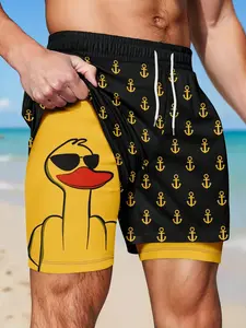 Men's Summer Beach Shorts, Fun Sunglasses Duck Print, Quick-Dry Swim Trunks, Elastic Drawstring Waist, Breathable, Casual, Sporty