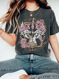 Women's Vintage Guitar & Rose Print Round Neck Tee, Casual Rock & Roll Graphic Short Sleeve T-shirt for Daily Wear, Ladies for All Seasons, Top