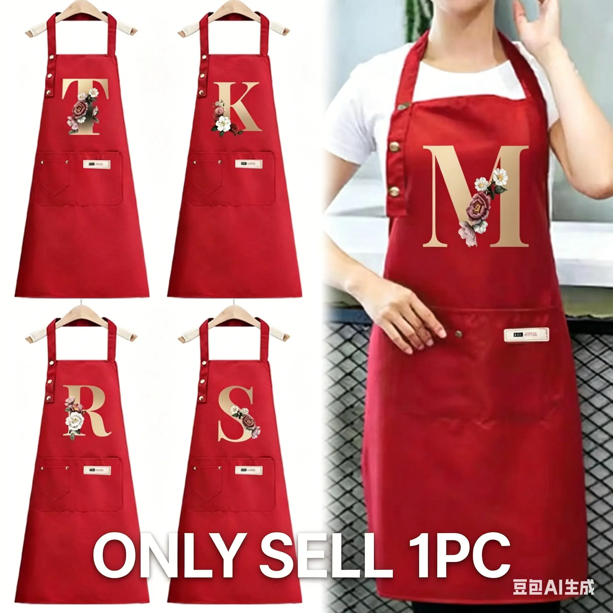 1 PC Golden flower letter red apron waterproof apron with adjustable shoulder straps and large pockets, Aprons with Pockets, professional Kitchen Apron for cooking, gardening, painting, baking, restaurants, essential for holidays - Christmas - Halloween
