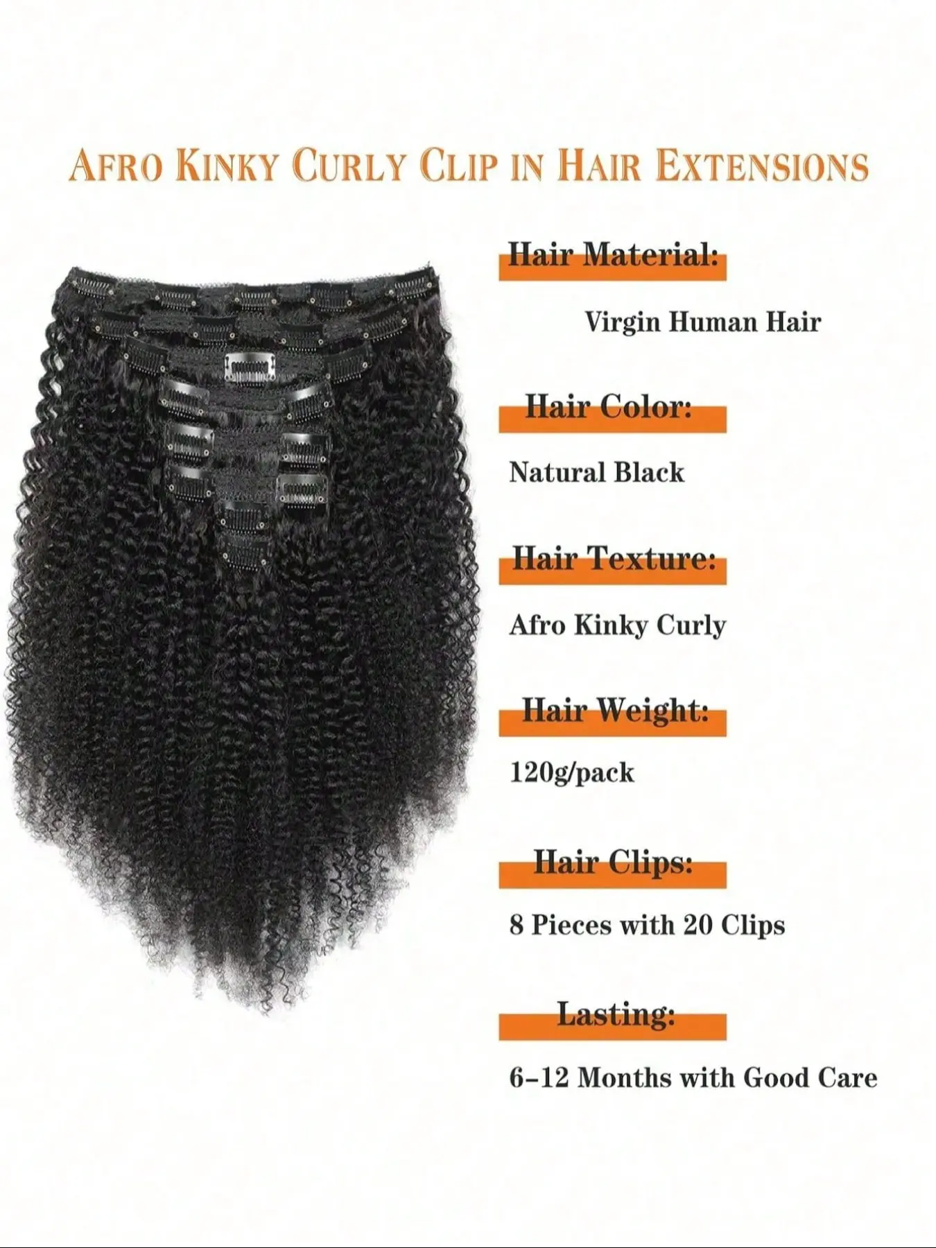 8pcs Afro Curly Glueless Clip In Human Hair Extensions For 