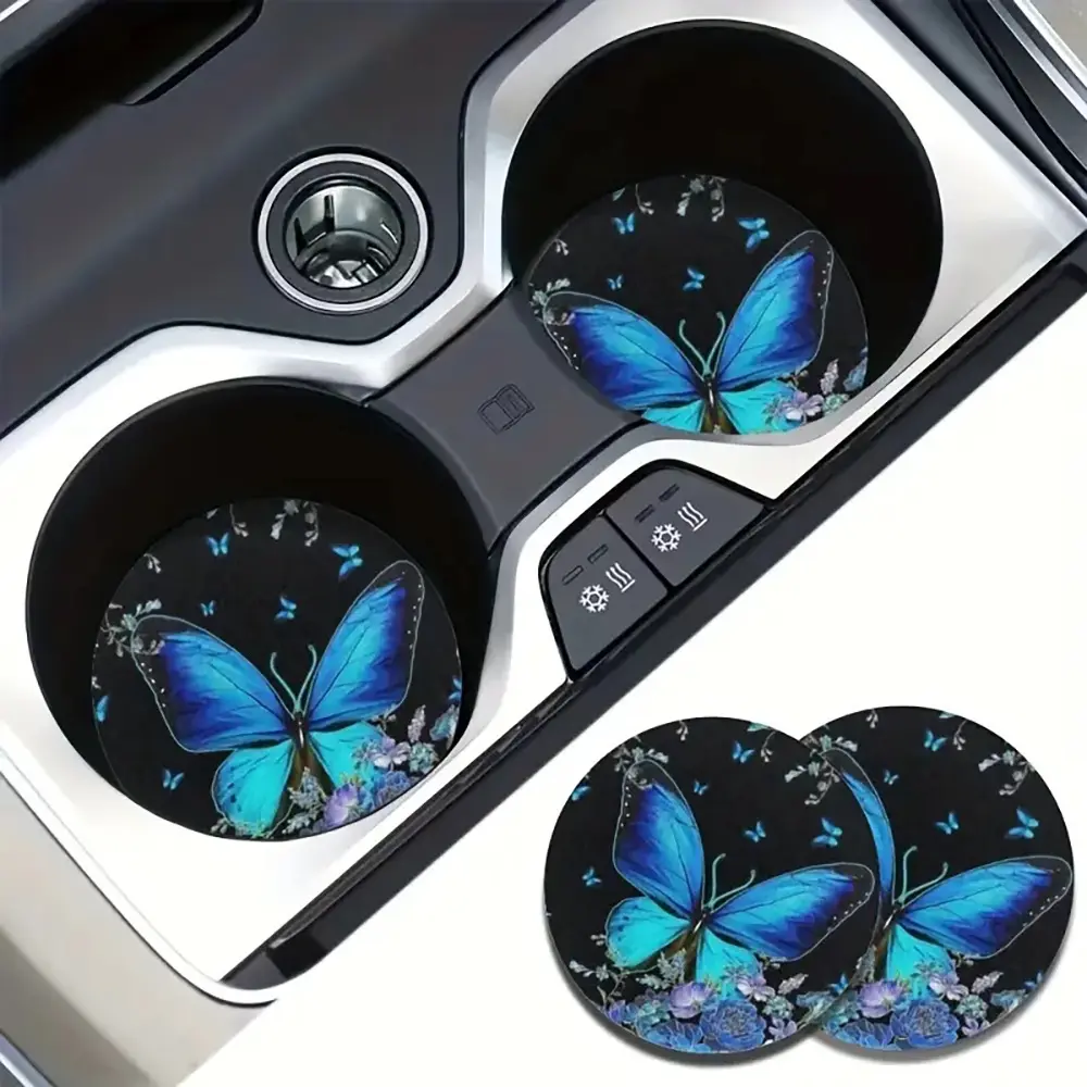Ceramic Car Coasters, 2 Pack Blue Butterfly Absorbent Cup Holder Mats, 2.56 Inch Non-Slip Universal Fit for Vehicle Interior Accents, Anti Slip