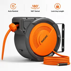 【Father's Day】RVCHIC Retractable Air Hose Reel 33FT/65FT, Wall Mounted Auto Rewind Air Compressor Hose Reel with 180° Swivel Bracket, Lock Any Length Hybrid Air Hose with Brass Fitting for Garage, Workshop, Tire Inflation & DIY Projects