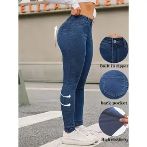 Women’s Waist-Cinching Skinny Jeans – Classic Blue, Stretchable Fabric, Zip Closure, Back Pockets, Suitable for All Seasons, Slim Fit, Spandex-Woven Denim, Item No. 021