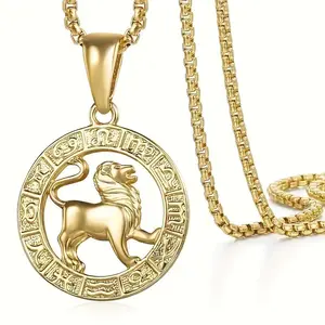 GGRIL Trendy 18K Gold Plated 12 Month Zodiac Sign Pendant Necklaces for Men Women Stainless Steels Leo Constellation Necklace Retro Celestial Astrology Jewelry,Personlized Hip-Hop Accessories,Unique Gift For Chiristmas/Birthday