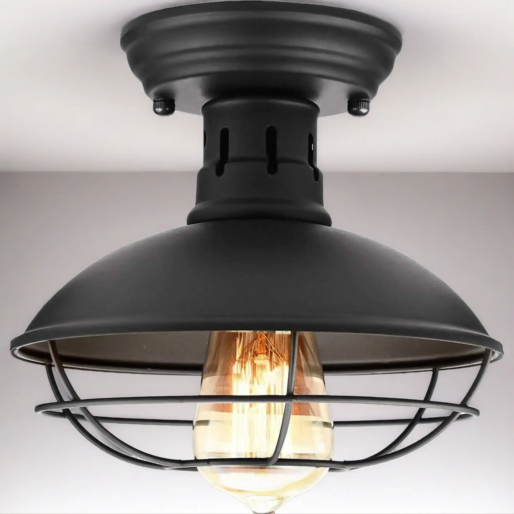 Farmhouse Flush Mount Ceiling Light Industrial Close to Ceiling Lighting Fixtures, Rustic Vintage Metal Black Ceiling Lamp for Kitchen Island Bedroom Hallway Farmhouse