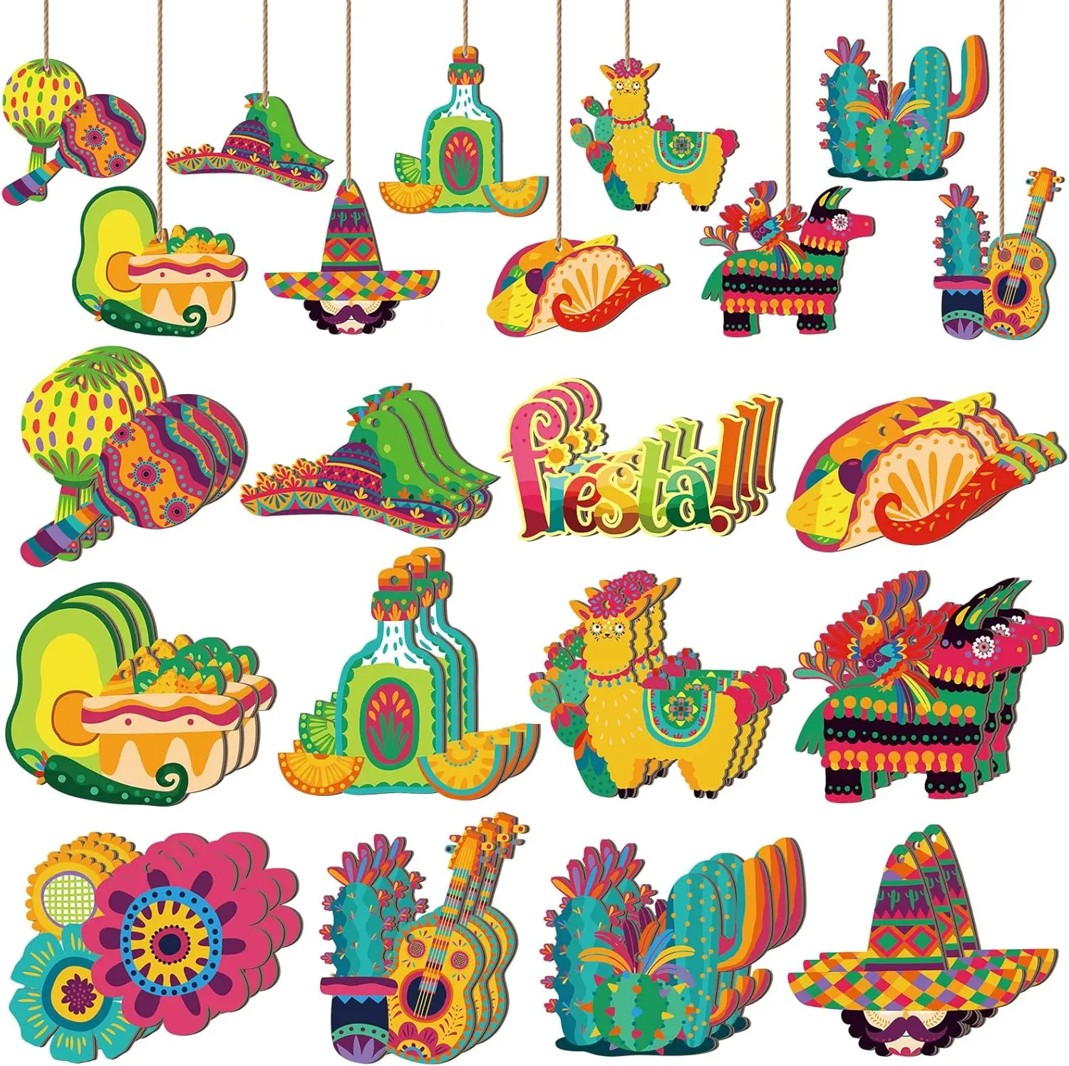 36 Pcs Christmas Mexican Fiesta Wooden Ornaments Cinco De Mayo Tree Ornament Mexican Theme Fiesta Hanging Decoration Piñata Sign Cinco De Mayo Photo Props Tree Decor for Party Supplies Outdoor