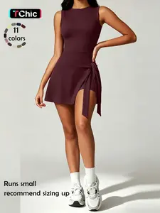 Women's Sporty Wrap Dress, Sleeveless Slim-Fit Above-The-Knee Gym Wear, Quick-Dry High-Elastic Yoga Tennis Skirt, Summer Essential Golf Dress