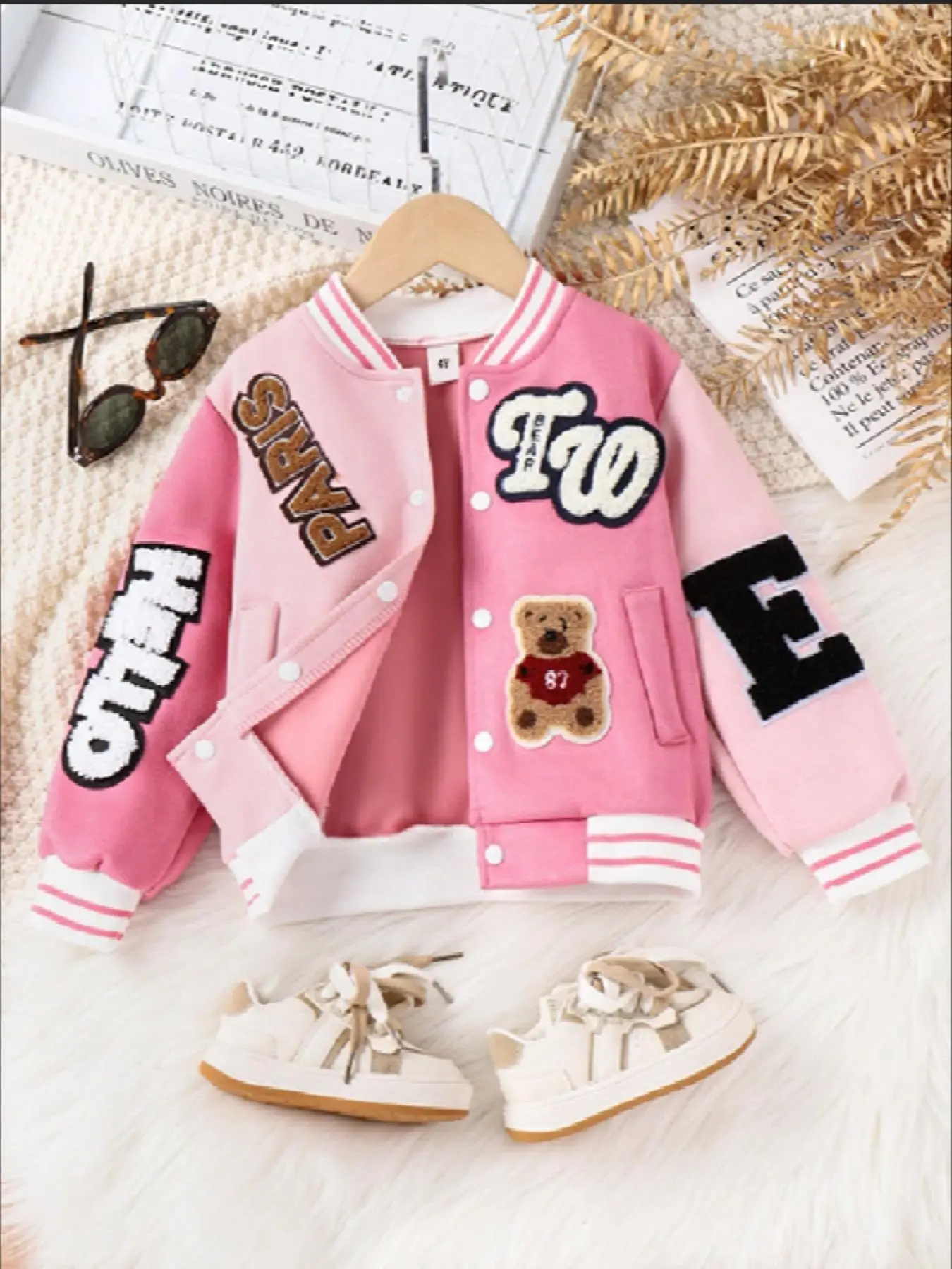 Girl's Patchwork Striped Trim Patched Button Front Baseball Jacket, Street Fashion Long Sleeve Mock Neck Outerwear for Daily Wear, Kids Clothing for S