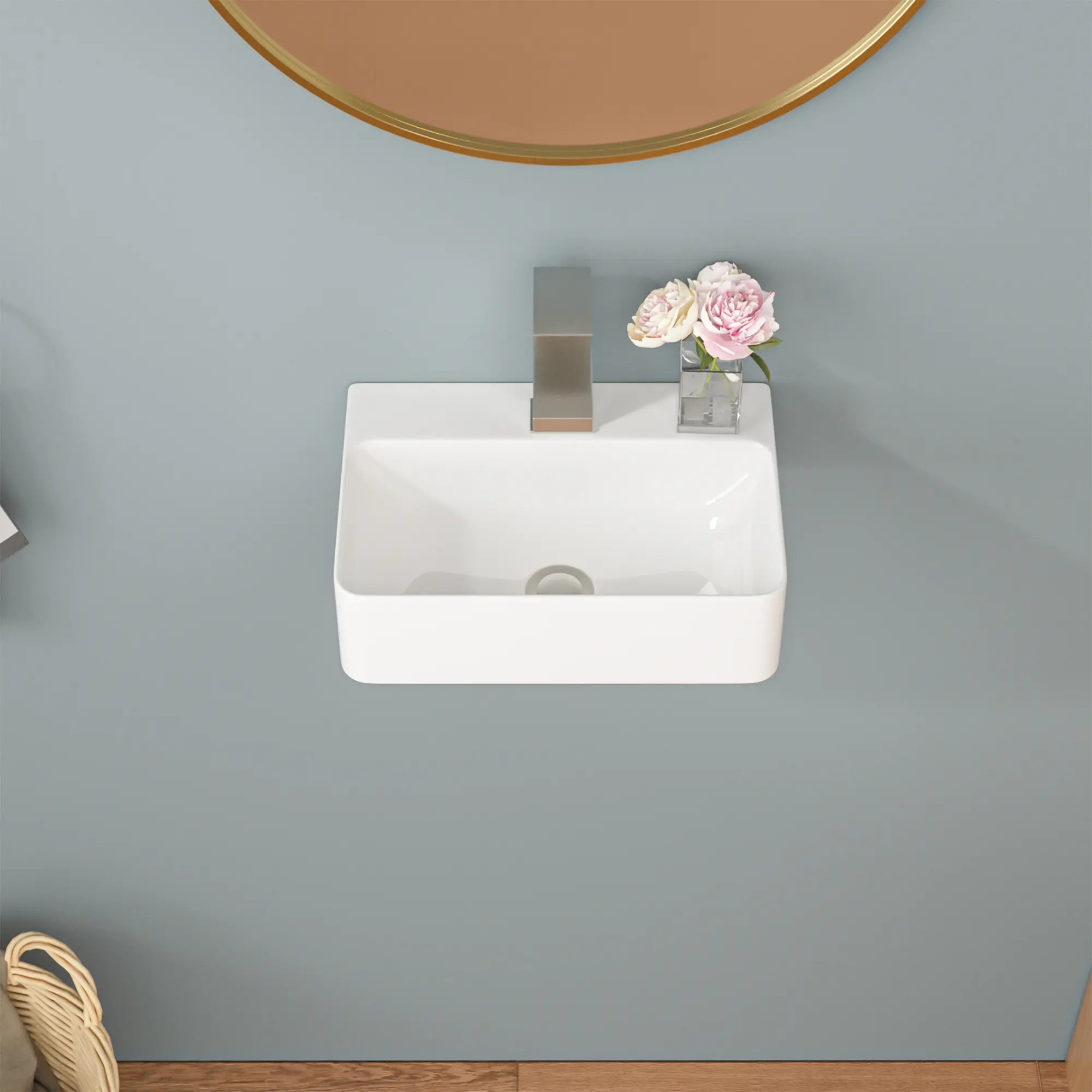 Sarlai 14 x 10 Inch Wall Mounted Bathroom Sink White Ceramic Rectangle Wall Hung Sink Hand Washing Ceramic Basin Floating Bathroom Sink Hanging Lavatory Sink