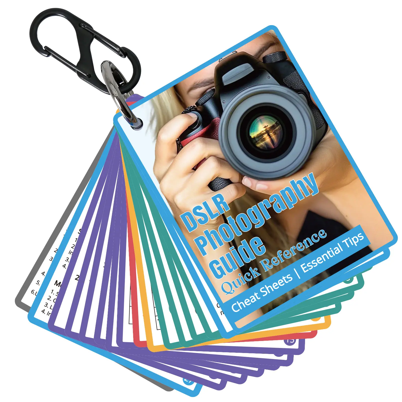 DSLR Camera Photography Cheat Sheets - 16 Double-Sided 4x3 in Quick Reference Cards, Color-Coded Borders, Compact Portable Accessory for Canon Nikon Beginners, Settings Exposure Modes Composition Lighting Guides, Accessories for Women